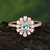 Floral Designed Cluster Ring 1 Carat Oval Cut Vintage Moss Agate Ring